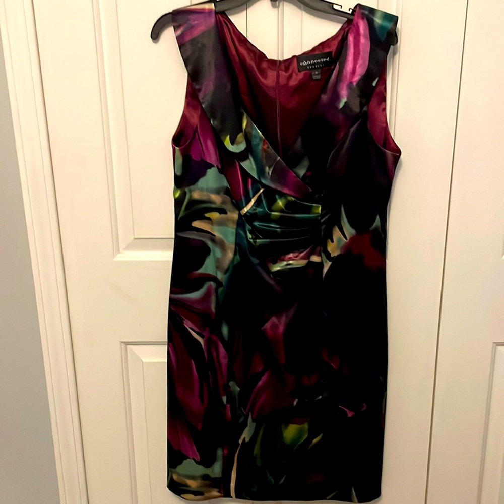 CONNECTED APPAREL Sz 16 Colorful Front Ruched Printed satiny Dress GUC B71A
